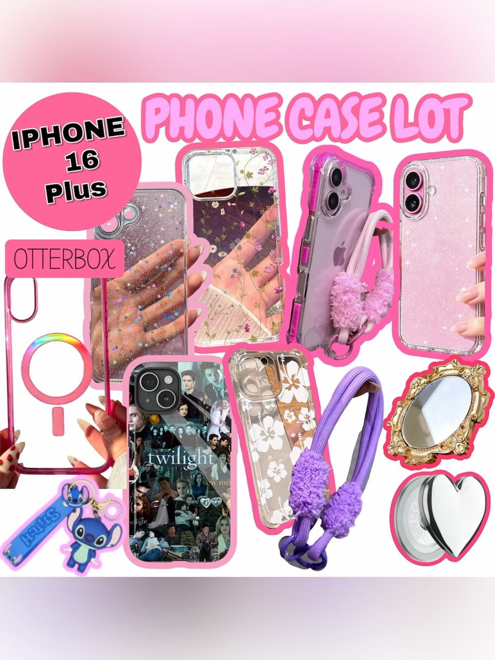 Huge lot OtterBox iPhone 16 plus Pink Glitter Star clear accessories